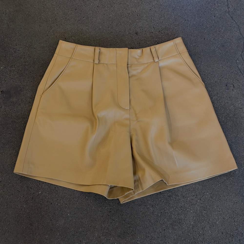 The Frankie Shop Manon Pleated Faux Leather Shorts - Tan - Women's Medium
